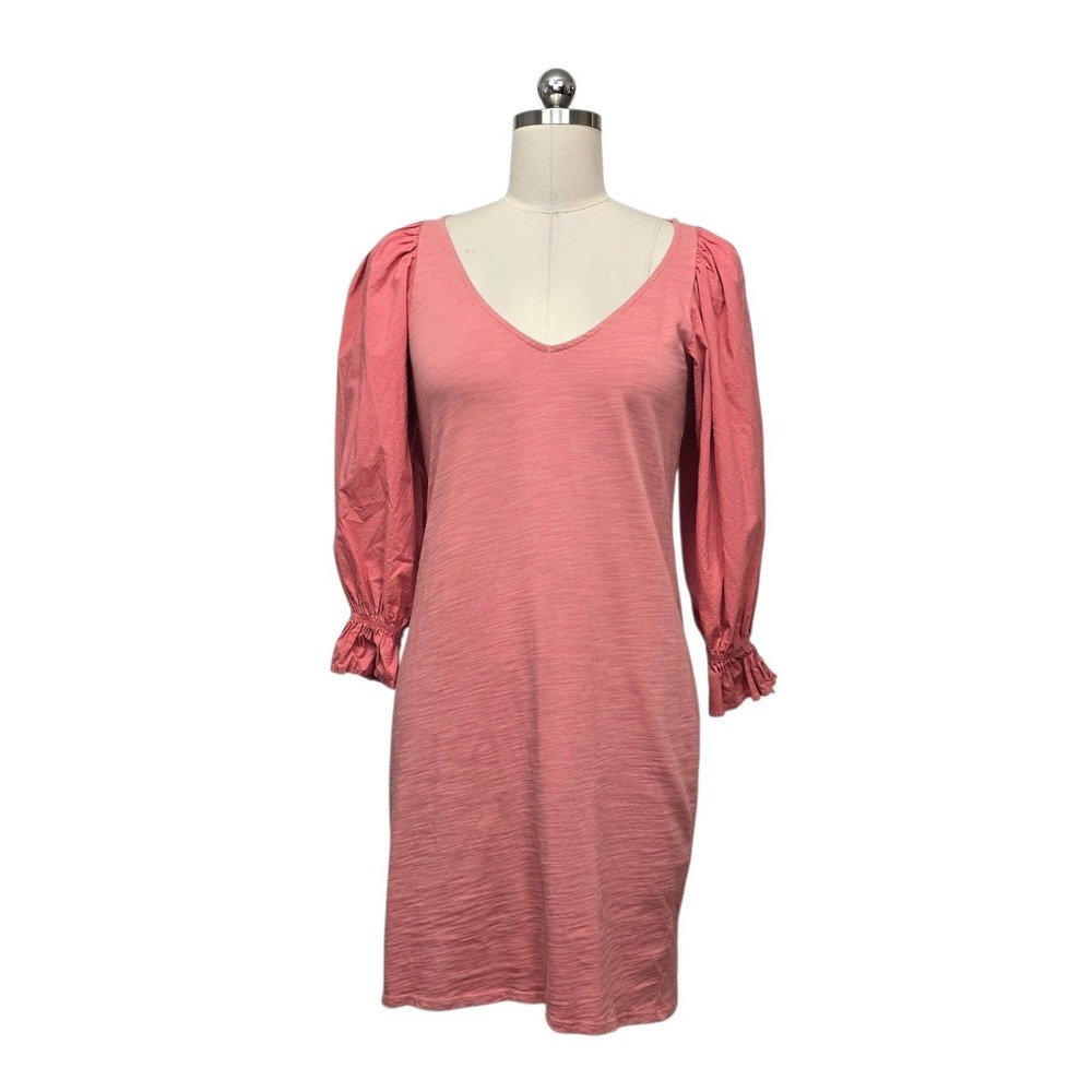 Nation LTD Rose Pink Cotton Slub V-Neck Puff Sleeve Mini Dress Womens Size XS